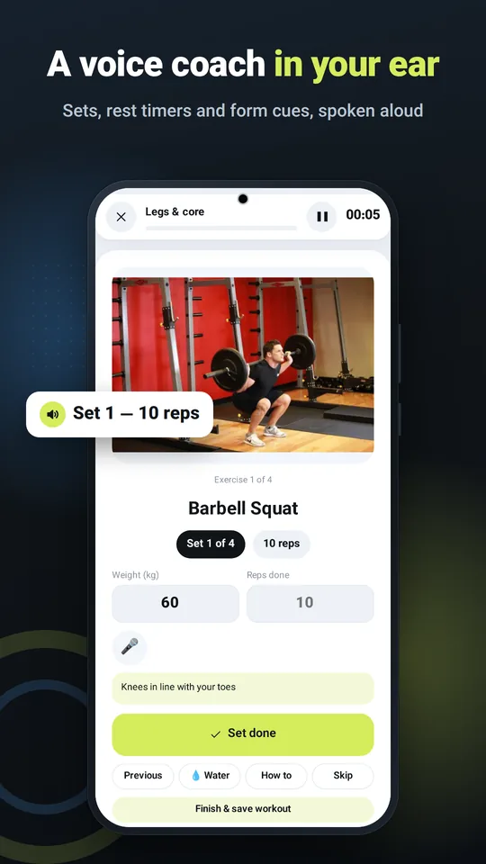 A voice coach in your ear — sets, rest timers and form cues, spoken aloud