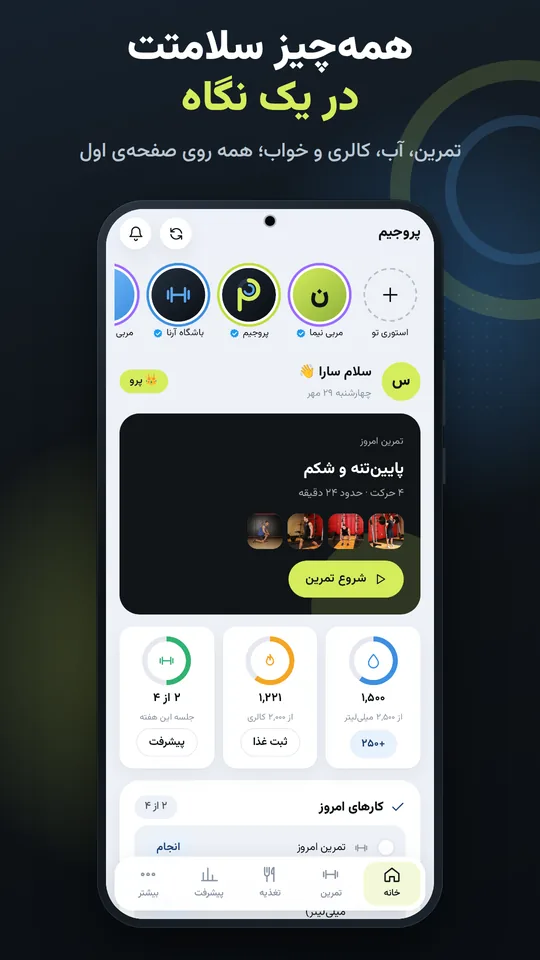 همه‌چیز سلامتت در یک نگاه — تمرین، آب، کالری و خواب؛ همه روی صفحه‌ی اول